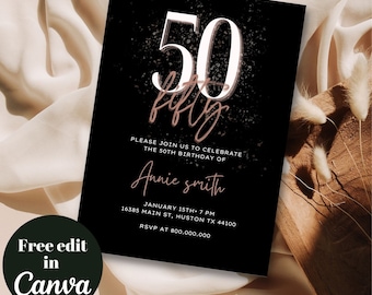 Elegante invitación de cumpleaños número 50 para mujeres, invitación minimalista de cumpleaños número 50, invitación editable e imprimible, cincuenta y fabulosa