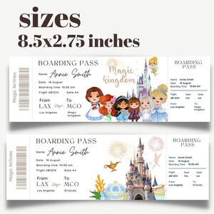 Pu&ograve; includere: Un modello di carta d'imbarco stampabile per un viaggio in un regno magico. La carta presenta un'illustrazione di cartoni animati di un castello, fuochi d'artificio e una principessa. Il testo sulla carta recita "Boarding Pass" e "Magic Kingdom".