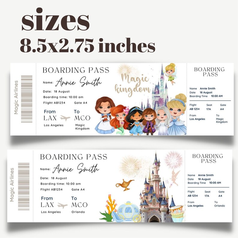 Pu&ograve; includere: Un modello di carta d'imbarco stampabile per un viaggio in un regno magico. La carta presenta un'illustrazione di cartoni animati di un castello, fuochi d'artificio e una principessa. Il testo sulla carta recita "Boarding Pass" e "Magic Kingdom".
