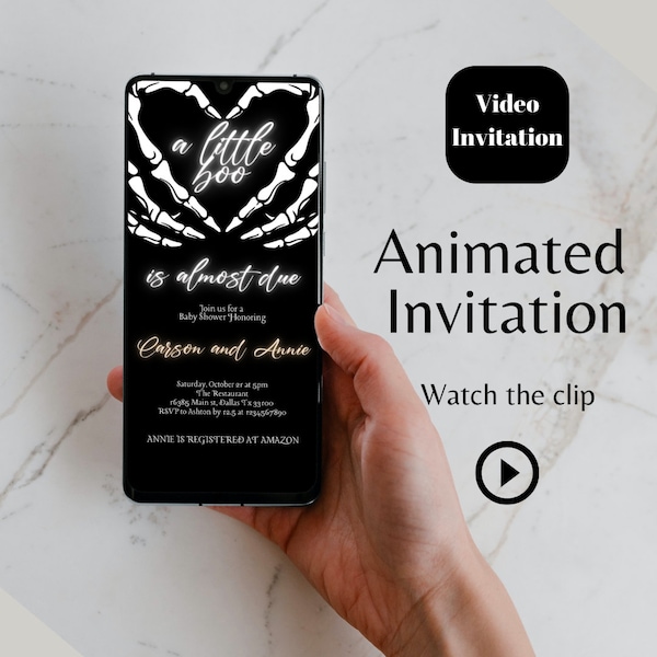 Editable Halloween Baby Shower animated video Invitation, Gothic Skellington Love Hands A little Boo Is Almost Due Halloween Baby Shower