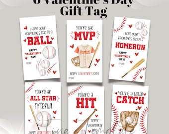 May include: Six printable Valentine's Day gift tags featuring baseball-themed illustrations and puns. The tags are white with red stitching and hearts. The text on the tags includes "You're the MVP", "I hope your Valentine's Day is a BALL", "You're a total CATCH", "You're an ALL STAR friend!" and "I hope your Valentine's Day is a HOMERUN".