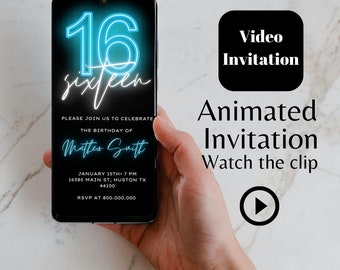 May include: A smartphone displaying a digital invitation for a 16th birthday party. The invitation features a neon blue number 16 and the text "sixteen". The invitation also includes the name "Matthew Smith", the date "January 15th, 7 PM", the address "16385 Main St, Huston TX 44100", and the RSVP number "800.000.000".