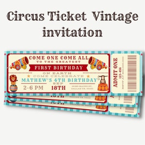 bearbeitbare und druckbare Circus Ticket Kid Geburtstagseinladung, Vintage Circus Einladung, Circus Party, Junge Geburtstag, Mädchen Geburtstag, jedes Alter