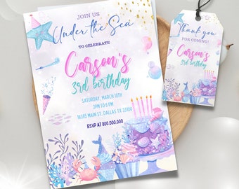 Editable and Printable Under the Sea girl birthday party invitation template, Under the sea Thank you Tag template, Ocean Girl themed party