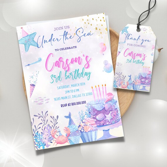 Buy Editable and Printable Under the Sea Girl Birthday Party Invitation  Template, Under the Sea Thank You Tag Template, Ocean Girl Themed Party  Online in India 