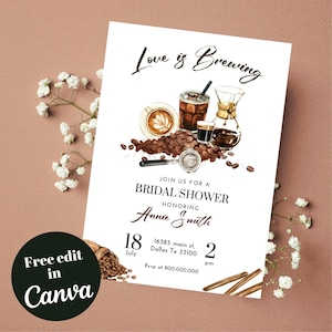 Printable and editable love is Brewing shower invitation template, Bridal shower invitation, coffee theme digital invite, women celebration image 1