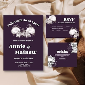 Plantilla de invitación de paquete de boda de Halloween editable e imprimible, invitación de boda de esqueleto, boda gótica, Boda del Día de los muertos