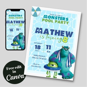 Printable and Electronic Monsters pool party Birthday Invitation template, Monsters summer Birthday Invite, Pool Monsters Birthday party