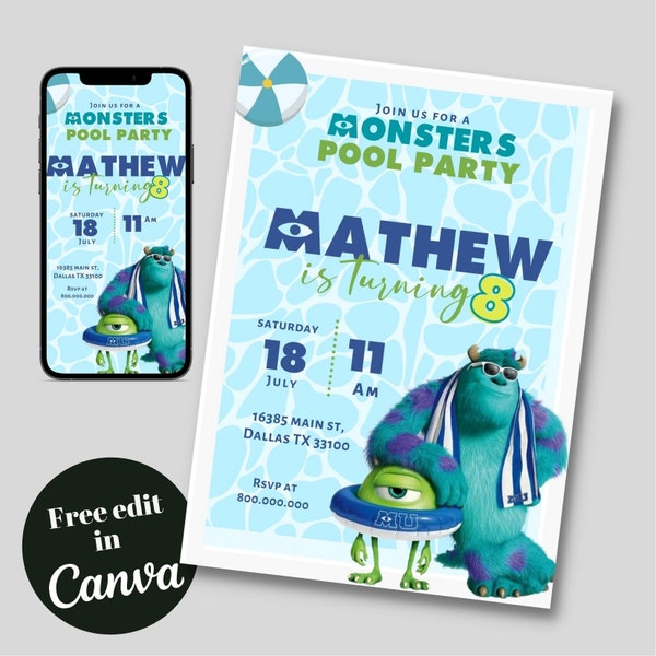 Printable and Electronic Monsters Kid pool party Birthday Invitation template, Boy Monsters Birthday Invite, Girl Monsters Birthday, Summer