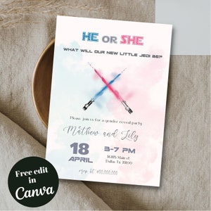 Printable and electronic Pink or Blue light sword gender reveal invite, Boy or Girl Space gender reveal theme, Star Baby gender invitation