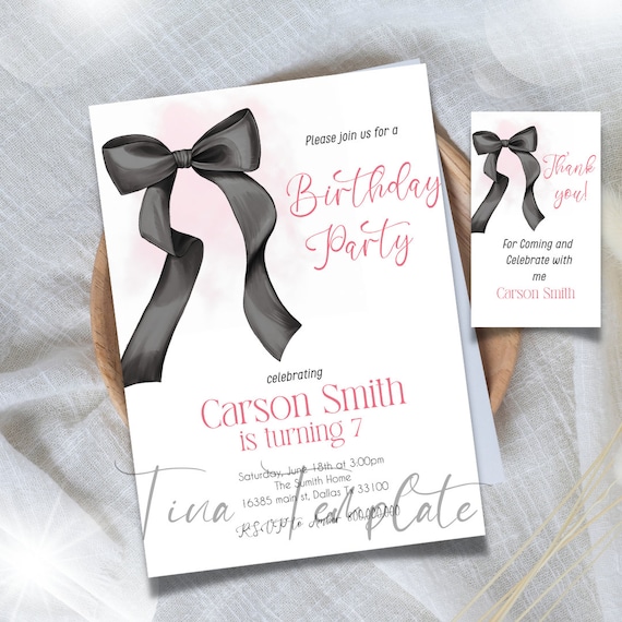 Editable and Printable Black Bow Coquette Birthday Invitation, Black Bow hand drawn watercolor birthday Invitation template, thank you tag
