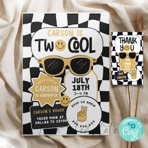 Edytowalny i drukowalny szablon zaproszenia na dwa fajne urodziny, Retro 2 fajne zaproszenie na urodziny, Retro Dwa fajne uśmiechnięte urodziny Corjl Zaproszenie