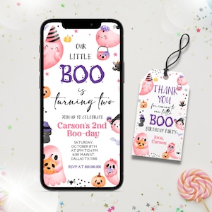 Editable Our Little Boo Birthday phone Invitation, Little Boo turning Two Halloween party, Ghost Birthday Cute Ghost thank you tag