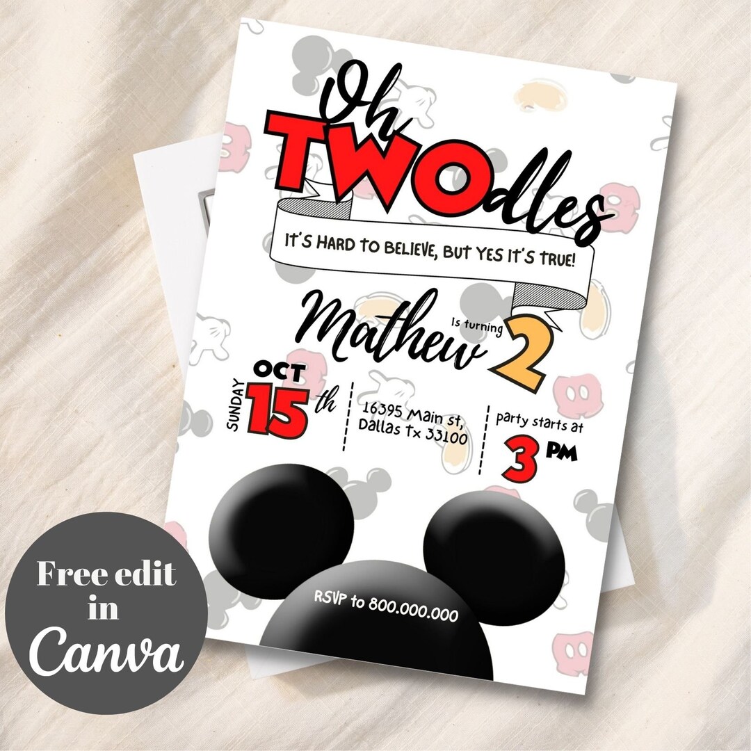 Editable and Printable Oh Twodles Mickey Head Birthday Invitation, 2nd ...