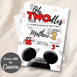 Editable and printable oh twodles Mickey head birthday invitation, 2nd Mickey boy birthday party, personalize birthday boy template,