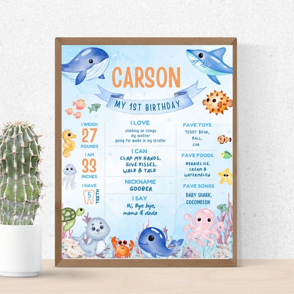 Editable Under the Sea Birthday Milestone Poster, Under the Se First Stats board template, Sea Animals 1st Birthday Chalkboard sign