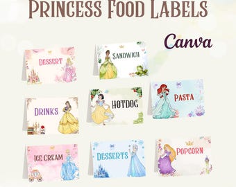 Bewerkbare en afdrukbare prinses sjabloon voedseletiketten, Prinsessenfeestdecoratie, Prinsessenthemafeest Voedseltent, Prinsessenfeest