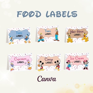 May include: Six printable food labels featuring Disney characters. The labels are designed for a Mickey Mouse themed party. The labels include: Food Label, Hot Dogs Label, Cupcakes Label, Candy Label, and Ice Cream Label.