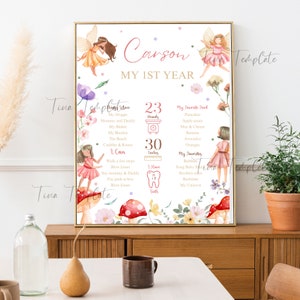 Editable Fairy Milestone Poster, Fairy First Stats board template, Fairy 1st Birthday Chalkboard sign, Fairy girl Birthday milestone