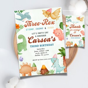 Editable Dinosaur birthday party invitation template, Dinosaur birthday invite, Jurassic Trex, Dinosaur party, Dinosaur thank you tag