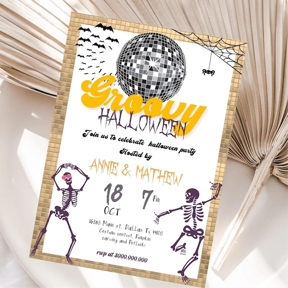 Editable and printable groovy Halloween Party invitation template, Skeleton Disco party invitation, Spooky season adult party, disco theme