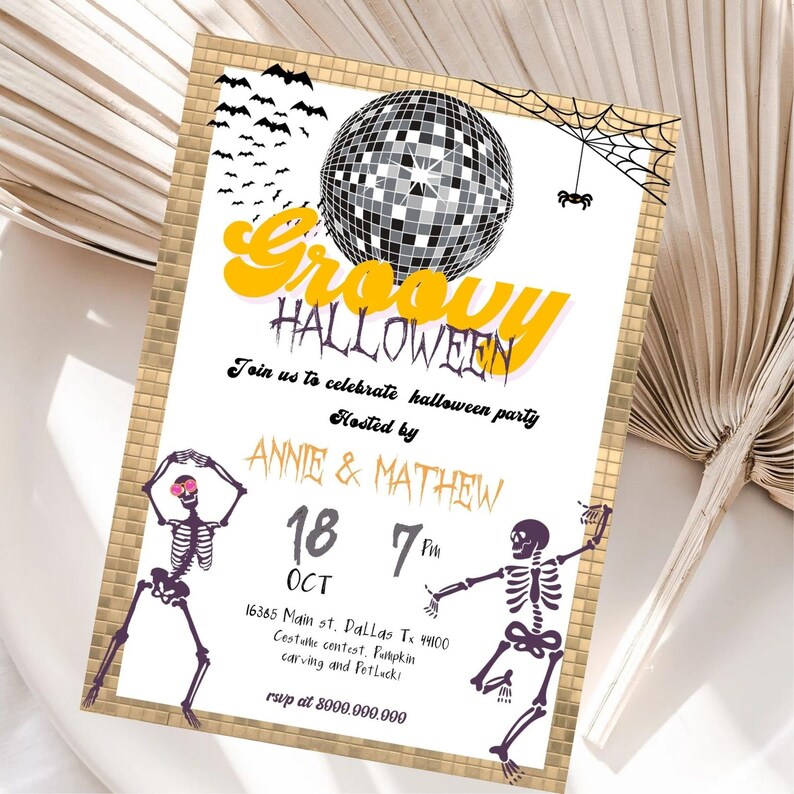 May include: A Halloween party invitation with a gold mosaic border. The invitation features a disco ball, bats, and skeletons. Text includes "Groovy Halloween", party details, and the hosts' names.