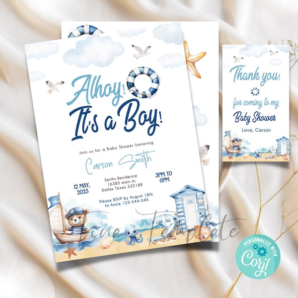 Ocean & Sea Baby Shower editable Invitation template, Ocean Baby Shower Invite, ahoy it's a boy nautical baby Shower bundle corjl template