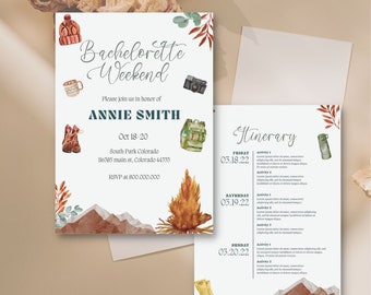 Colorado weekend bride to be Itinerary Template, Camp bachelorette weekend, Trip, Agenda, Bachelorette Party invite, Birthday, Wedding,