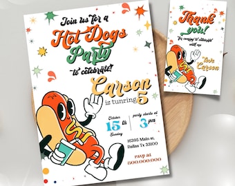 Bearbeitbare und druckbare Hot Dogs Partyeinladung Vorlage, Retro Hot Dog Party einladen, Hot Dog Retro einladung, Hot Dog Nachteinladung