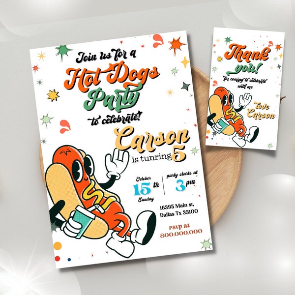 Editable and Printable Hot dogs party invitation template, Retro Hot dog Party invite, Hot Dog Retro invitation, Hot Dog Night invitation
