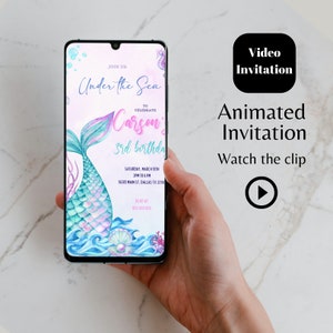 Editable Mermaid phone video invitation template, Mermaid birthday animated invite, under the Sea birthday, Whimsical under the sea party