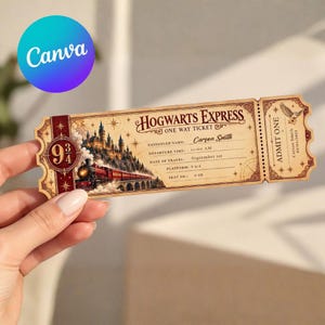 May include: A rectangular Hogwarts Express one-way ticket with a cream background, featuring a red steam train, a castle illustration, and the text 9 3/4. It includes fields for passenger name Carson Smith, departure time 11:00 AM, and platform 9 3/4.