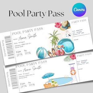 Druckbares und bearbeitbares Pool Party Pass Ticket, Sommer Pool Party Ticket Einladungsvorlage, Pool Party Pass Einladungsvorlage