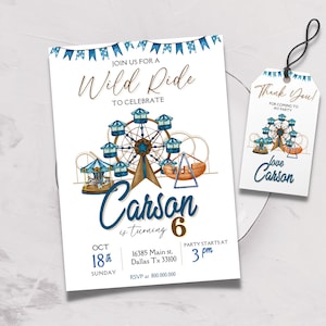Editable and Printable Amusement Park Birthday invitation template, Roller Coaster Park invite, Carnival park birthday party, Thank you tag