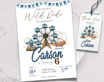 Editable and Printable Amusement Park Birthday invitation template, Roller Coaster Park invite, Carnival park birthday party, Thank you tag