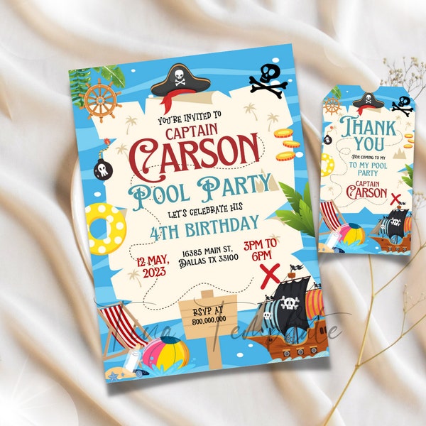 Editable Pirate pool party birthday invitation template, Pirate themed birthday party, Pirate kid pool party, pirate thank you tag