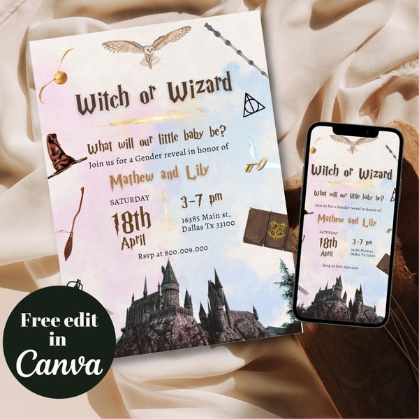 Editable Witch or Wizard gender reveal invitation template, magical boy or girl reveal invite, Witchcraft & Wizardry, he or she Magic reveal