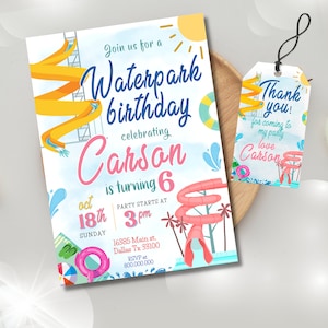 Bearbeitbare und druckbare Wasserpark-Partyeinladungsvorlage, Wasserrutsche einladen, Wasserpark-Geburtstagsfeier, Pool-Sommerparty, Danke-Tag