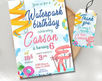Editable and Printable Waterpark party invitation template, Waterslide invite, water park birthday party, Pool summer Party, Thank you tag
