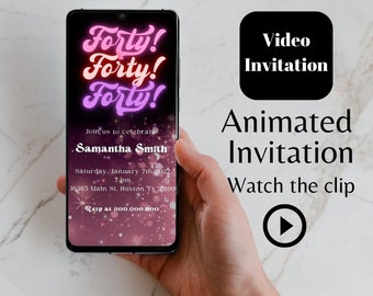 Editable Neon light retro forty birthday video invitation template, 40th birthday animated invitation, women birthday, phone invitation