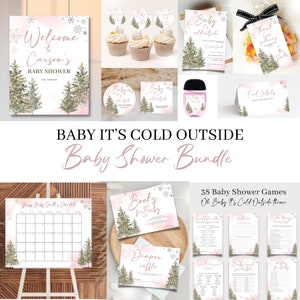 editable Baby It's Cold Outside Baby Shower bundle, Pink winter Bundle baby shower, Baby Shower invitation Game Pack, December Baby shower