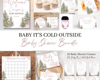 編集可能な「Baby It's Cold Outside」ベビーシャワーバンドル、ピンクウィンターバンドルベビーシャワー、ベビーシャワー招待ゲームパック、12月のベビーシャワー