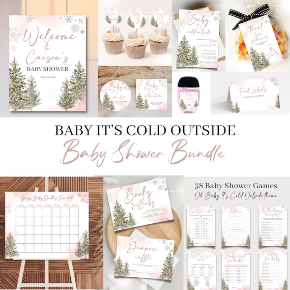 editable Baby It's Cold Outside Baby Shower bundle, Pink winter Bundle baby shower, Baby Shower invitation Game Pack, December Baby shower