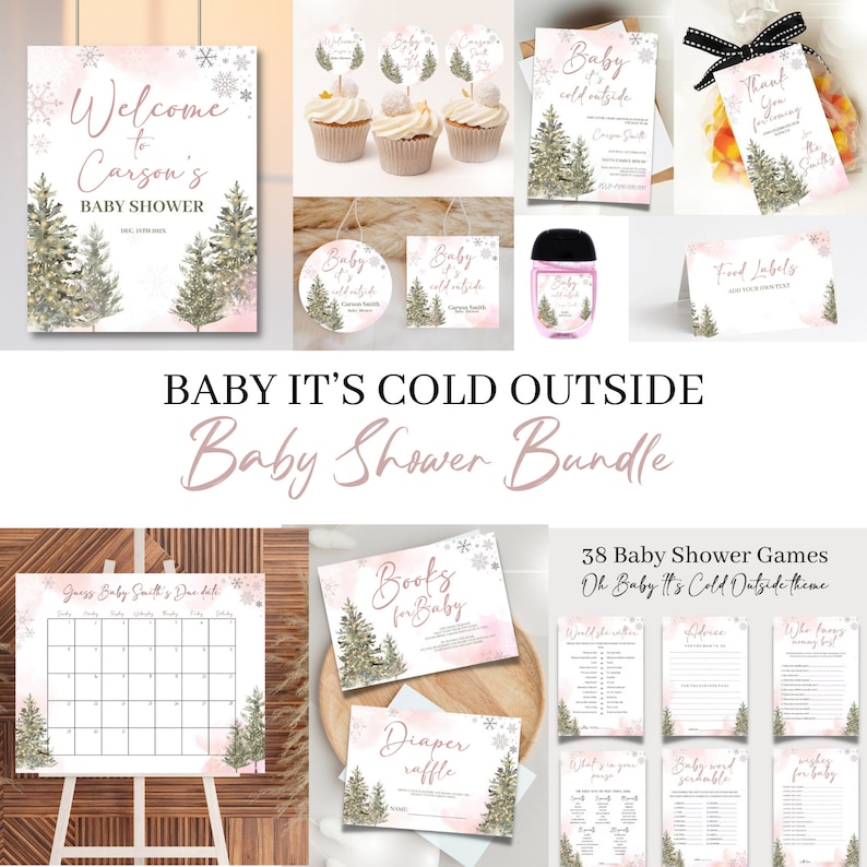 editable Baby It's Cold Outside Baby Shower bundle, Pink winter Bundle baby shower, Baby Shower invitation Game Pack, December Baby shower image 1