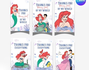 Modèle d'étiquette de remerciement modifiable et imprimable princesse Ariel, décoration de fête petite sirène, étiquettes de remerciement sur le thème de la princesse Saint-Valentin
