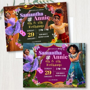 Isabela and Maribel Sisters or Twins girl Encanto birthday party invitation, Isabela and Dolores happy birthday  template, kid invitation