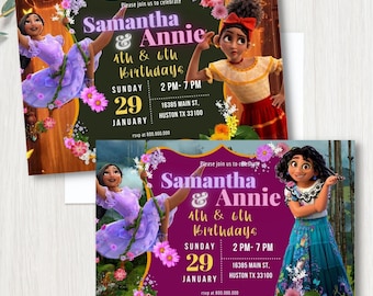 Isabela and Maribel Sisters or Twins girl Encanto birthday party invitation, Isabela and Dolores happy birthday  template, kid invitation