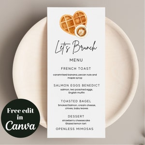 Modelo minimalista de menu digital de waffle Brunch, modelo para impressão de menu de brunch, download instantâneo, modelo editável de menu de café da manhã