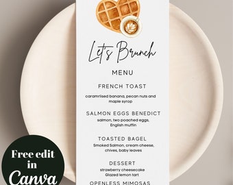 Minimalist waffle Brunch digital menu template, let’s Brunch Menu printable template, instant download, breakfast menu editable template