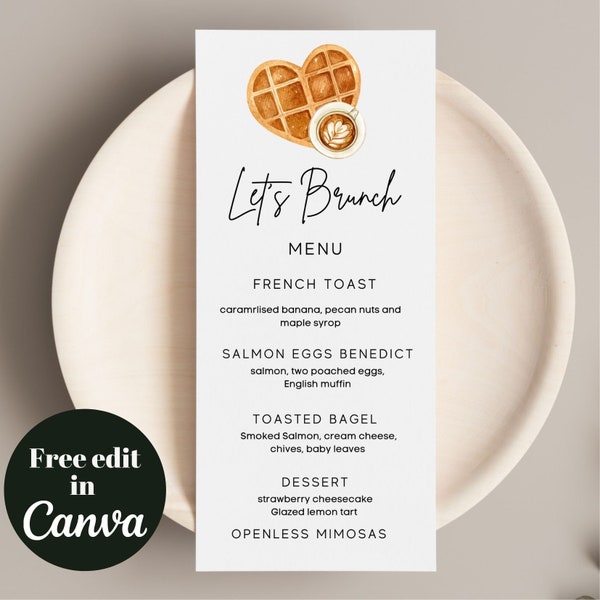 Minimalist waffle Brunch digital menu template, let’s Brunch Menu printable template, instant download, breakfast menu editable template